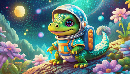 Oil painting style cartoon character baby alligator Astronaut in Space, - obrazy, fototapety, plakaty