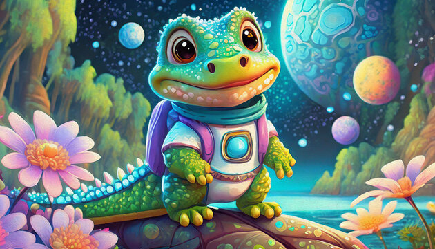 Oil painting style cartoon character baby alligator Astronaut in Space,