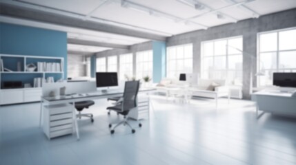 Blurred contemporary modern office white interior space background with natural bright light, with rows of sleek desks, ergonomic chairs, and computer workstations. Work environment.