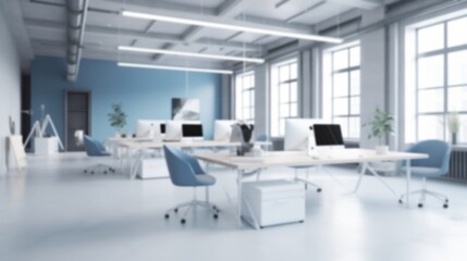 Fototapeta na wymiar Blurred contemporary modern office white interior space background with natural bright light, with rows of sleek desks, ergonomic chairs, and computer workstations. Work environment.