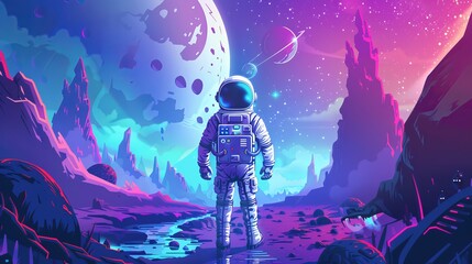 Depiction of a space-themed mobile arcade game, where an astronaut navigates through platforms adorned with bonus and asset items, set against the background of an alien planet landscape - obrazy, fototapety, plakaty