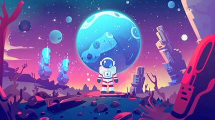 Depiction of a space-themed mobile arcade game, where an astronaut navigates through platforms adorned with bonus and asset items, set against the background of an alien planet landscape