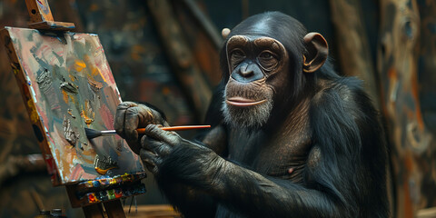 Artistic Chimpanzee Delicately Brushes Colorful Canvas in Studio - Creative Banner