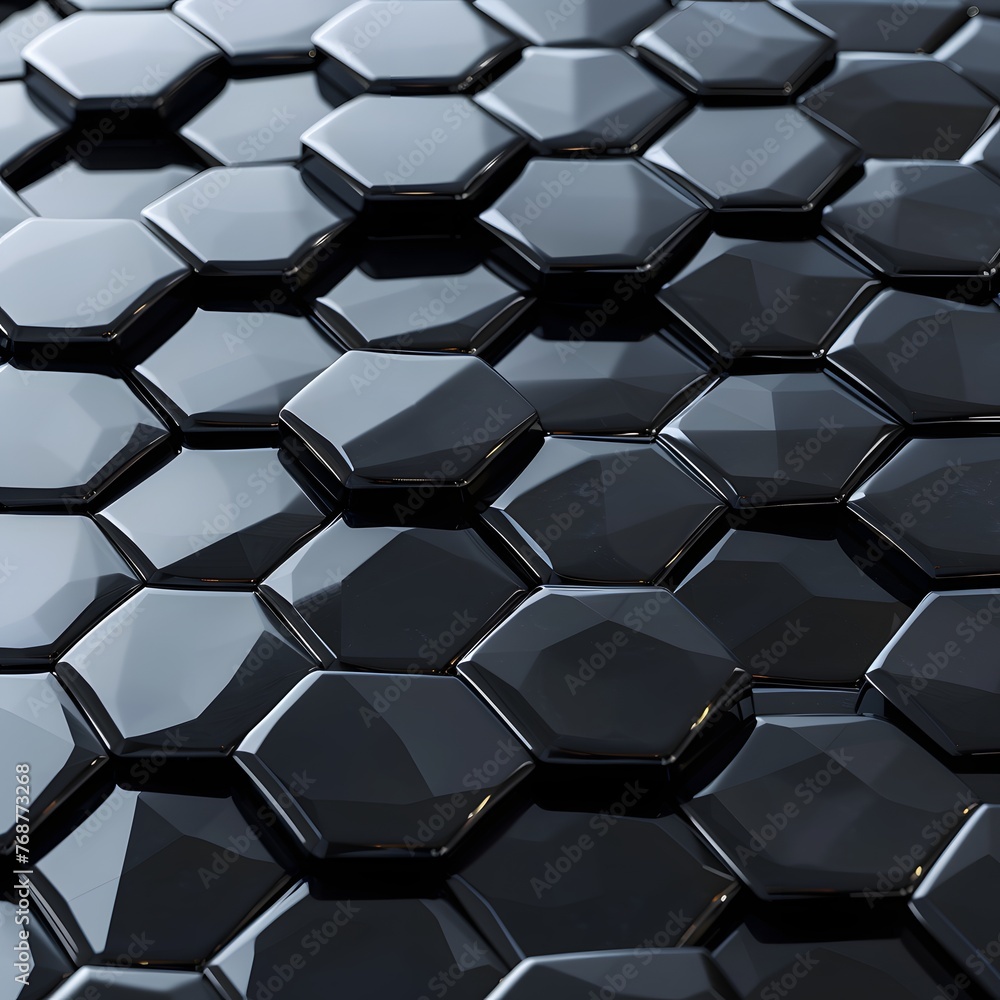 Poster interlocking hexagons in matte and glossy black, creating a dynamic surface.