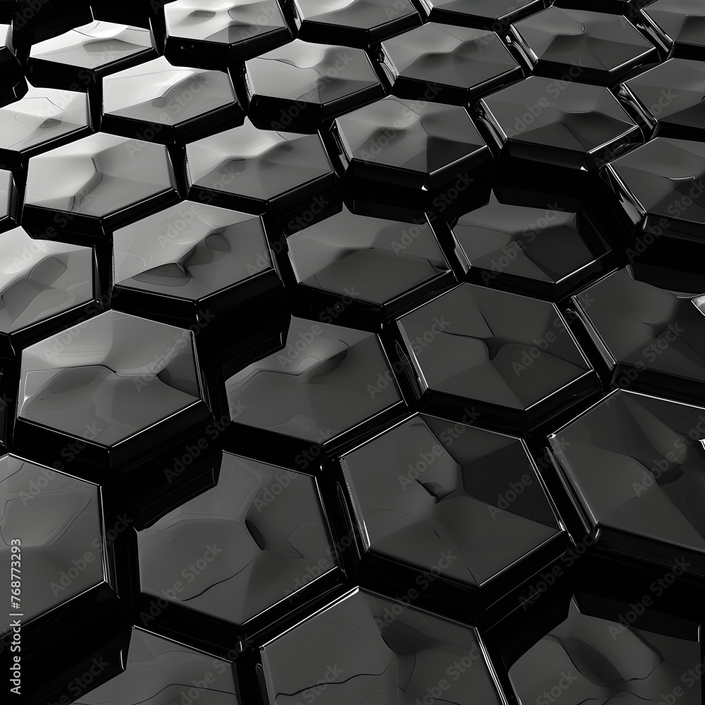 Poster interlocking hexagons in matte and glossy black, creating a dynamic surface.