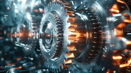 Gear wheels in abstract technology background: dynamic backdrop features interlocking gear wheels set against a futuristic tech-inspired environment. Engine and technological concept - obrazy, fototapety, plakaty