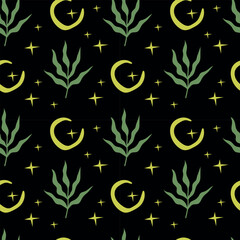 Esoteric seamless pattern. Moon, stars and plants on a black background. For cover, packaging, background