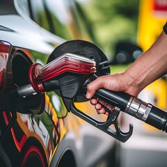 Refueling a Car: A Close-Up View of a Hand Pumping Gas into a Vehicle at an Outdoor Gas Station