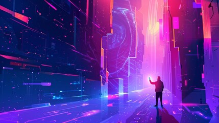 Fototapeta na wymiar Exploring concepts of the Metaverse and Blockchain Technology, this illustration features a person experiencing a Metaverse virtual world via a smartphone, set in a futuristic tone
