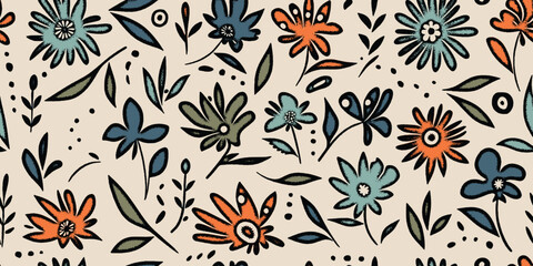 Hand drawn plant elements, flowers and leaves, seamless pattern, vector design