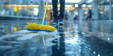 Professional cleaning team mopping office floor with mop closeup Copy space stock photo. Concept Cleaning Services, Office Maintenance, Commercial Cleaning, Janitorial Services, Professional Cleaners - obrazy, fototapety, plakaty