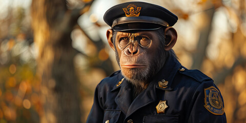 Enigmatic Chimpanzee Officer Portrait: Authority in the Autumn Forest Banner - obrazy, fototapety, plakaty