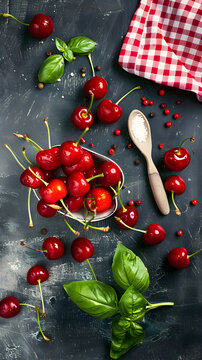 Fresh Cherry, basil, pepper, food ingredients