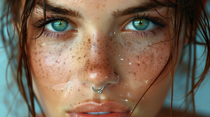 Close-up portrait of a woman with freckles and striking green eyes, water droplets on her skin. - obrazy, fototapety, plakaty