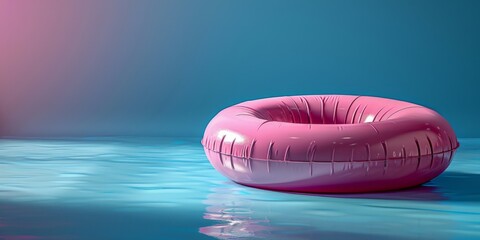 Obraz premium Pink inflatable ring floating in the water on a blue background