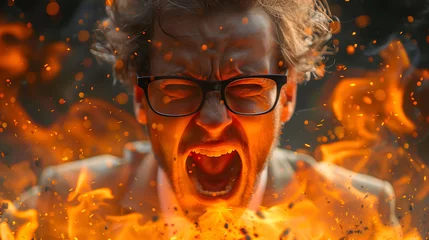 Foto op Canvas Man with glasses expressing intense emotion amidst fiery sparks and flames. © amixstudio