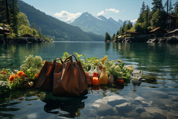 Serene Lakeside Picnic Setup with Fresh Flowers and Gourmet Food Banner - obrazy, fototapety, plakaty