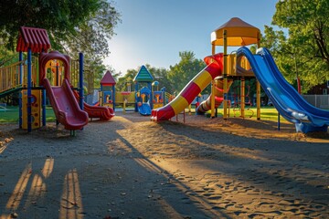 A colorful playground with a slide and play area, where children are playing and having fun under the bright sun. - Powered by Adobe