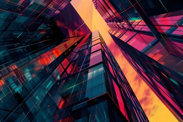 Abstract geometric patterns created by skyscraper reflections.
