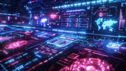 Featuring futuristic callouts and titles in HUD style, this template includes information call bars and neon design elements in a digital tech style, suitable for games and user apps