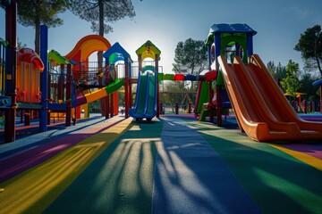 A cheerful playground features a brightly colored slide amidst colorful play equipment, offering a fun-filled play space for children.
