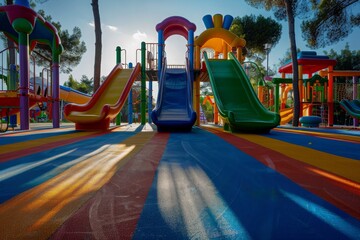 A vibrant playground filled with colorful slides and climbing structures, inviting children to play and explore.