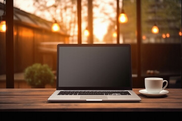 Laptop with blank screen and coffee cup on wooden table in cafe