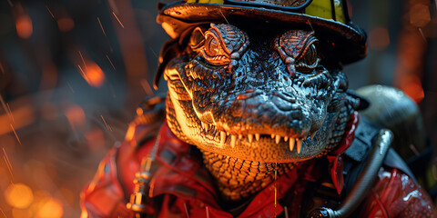 Brave Reptilian Firefighter in Action: Ultimate Firefighting Hero Banner
