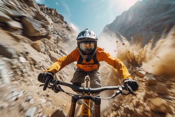 An adventurous man fearlessly rides his mountain bike through a challenging rocky terrain, showcasing his skills and bravery.