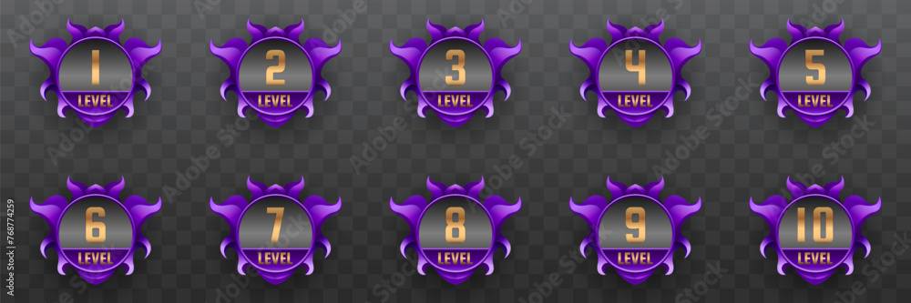 Poster abstract purple and gold themed game gui level up badges for game ui designs