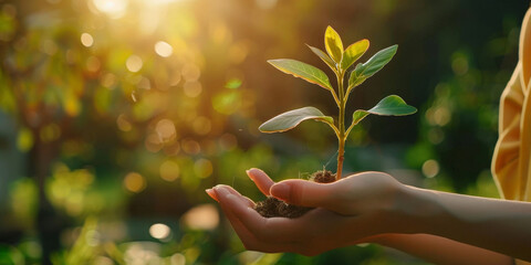 Hand holding a tree seedling, with a green background for the environment and ecology concept with sunlight.  - obrazy, fototapety, plakaty