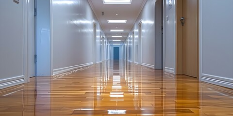 Minimalist Music-Inspired Professional Photo of a Clean Hallway with Shiny Hardwood Floors. Concept Professional Photoshoot, Minimalist Style, Music-Inspired, Clean Hallway, Hardwood Floors - obrazy, fototapety, plakaty