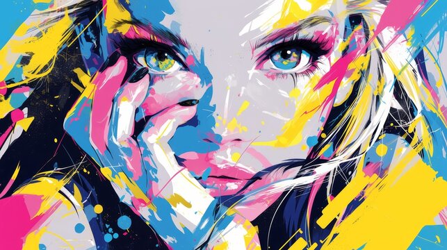 Beautiful Woman with abstract colorful graffiti portrait, paint splashes and drips,