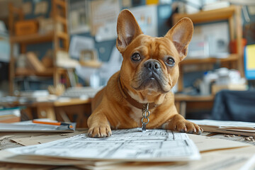 Curious French Bulldog Overseeing Office Work with Interest Banner