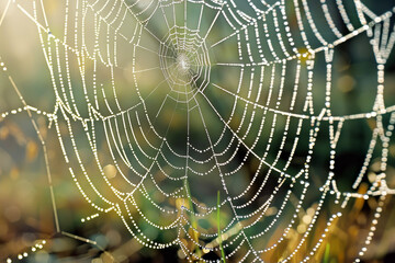 Close-Up of a Spider Web Wet with Morning Dew: Sparkling Droplets in the Morning Sun Herald the Start of a New Day