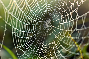 Close-Up of a Spider Web Wet with Morning Dew: Sparkling Droplets in the Morning Sun Herald the Start of a New Day