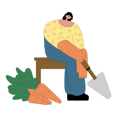 Gardener working vegetables flat vector isolated illustration. Agricultural working people tending garden.