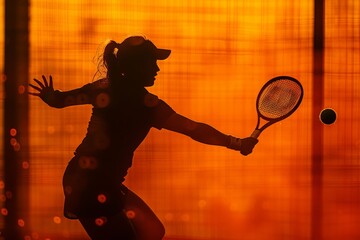 A graceful silhouette of a woman holding a tennis racquet, ready to serve or return a shot on the court. - Powered by Adobe