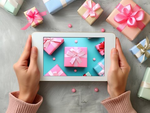 A person is holding a tablet with a picture of a bunch of presents on it. Concept of excitement and anticipation for the upcoming holiday season