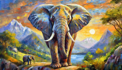 Oil painting of elephant, artist collection of animal painting for decoration and interior. - obrazy, fototapety, plakaty