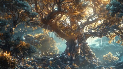 fantasy world inhabited by mystical creatures and towering ancient trees. - obrazy, fototapety, plakaty