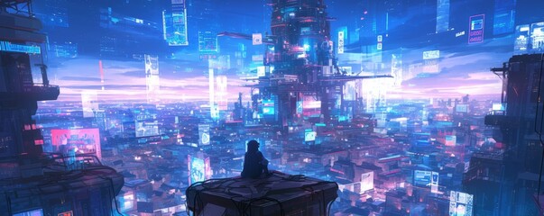 Night street of a futuristic city, with holographic neon signs and glowing buildings 