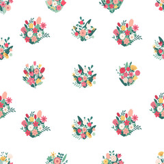 Seamless pattern beautiful bouquets with garden and wild flowers vector flat illustration. Flower bouquet. Plants with stems and leaves isolated on white. 