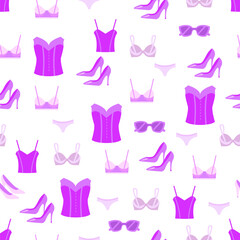 Fashion clothes seamless pattern women. Trousers, blouses, shoes, coats, accessories. Colored flat vector illustration isolated on white background