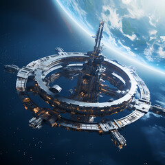 Obraz na płótnie Canvas A futuristic space station orbiting a planet. 