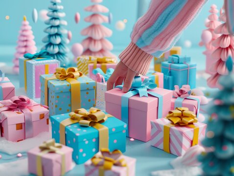 A person is reaching for a blue and pink gift box. The image is of a Christmas tree with many gifts underneath it