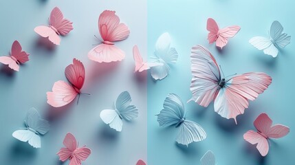 minimalist split background using horizontal division and a palette of light pastel colors, including shades of blue and pink. - obrazy, fototapety, plakaty