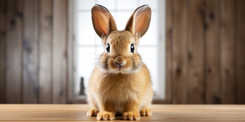 Obraz premium Brown Rabbit Sitting on Wooden Table Generative AI