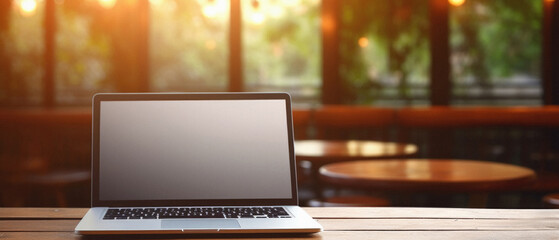 Laptop with blank screen on wooden table in coffee shop,