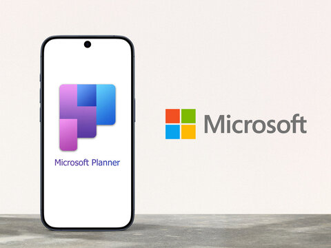 new 2024 Microsoft Planner logo is displayed on a modern smartphone, Microsoft Logo next to it, planning application on the Microsoft 365 platform, team management, sharing, and organization